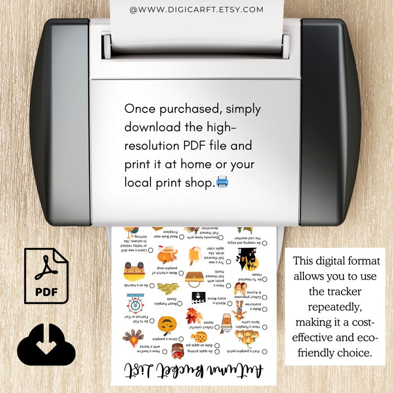 May include: Printable Autumn Bucket List checklist with a variety of fall-themed activities, including going to a pumpkin patch, apple picking, carving pumpkins, and having a bonfire. The checklist is designed to be printed at home or at a local print shop.