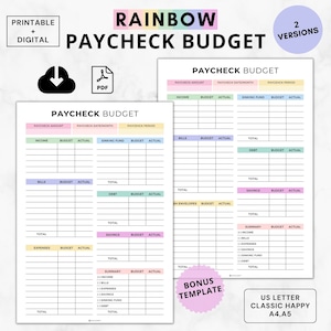 May include: Printable rainbow-coloured budget planner with sections for income, bills, expenses, savings, and debt. The planner includes a summary section and a bonus template. The text "US Letter Classic Happy A4,A5" is at the bottom of the page.