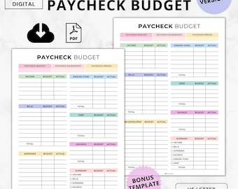 Könnte beinhalten: Druckbarer Regenbogen-Budgetplaner mit Abschnitten für Einkommen, Rechnungen, Ausgaben, Ersparnisse und Schulden. Der Planer enthält einen Zusammenfassungsbereich und eine Bonusvorlage. Der Text "US Letter Classic Happy A4,A5" befindet sich am unteren Rand der Seite.