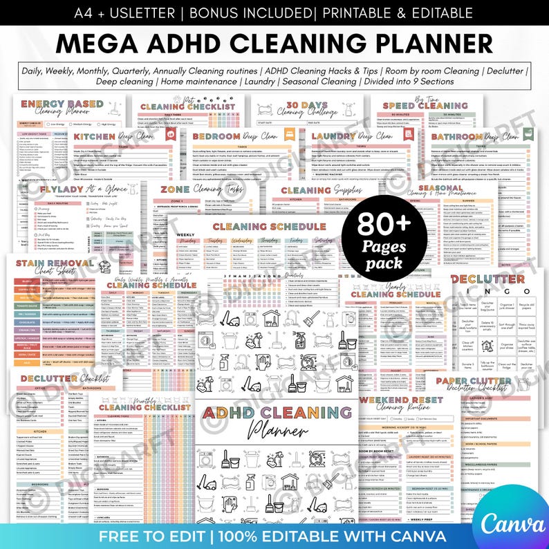 ADHD cleaning planner bundle pdf editable canva,Home cleaning schedule,Weekly,Monthly,Yearly Cleaning Checklist,Declutter,Our Family Chore Chart,Editable adhd cleaning cards, Seasonal cleaning checklist, Spring deep cleaning list, Declutter planner, Declutter bingo, Cleaning bingo, 30 Days cleaning challenge, Zone cleaning schedule