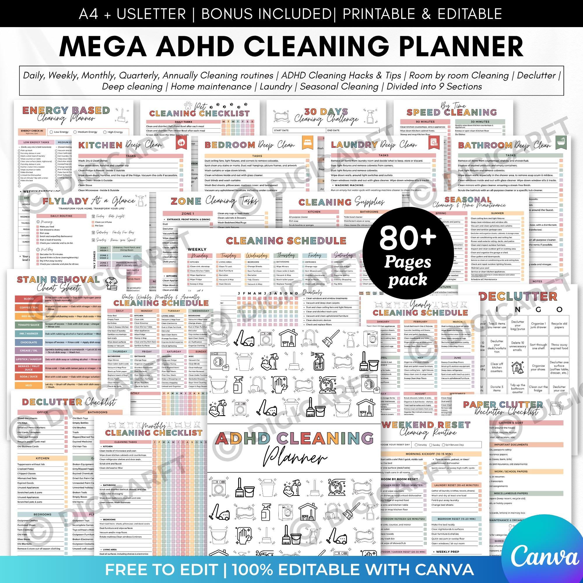 ADHD Cleaning Planner Bundle,adhd Cleaning Schedule Editable Canva,adhd ...