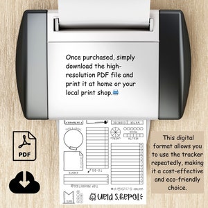May include: A printable daily planner with sections for tracking health, mood, energy, water, exercise, top priorities, events, and today's goals. The planner is designed to be used repeatedly, making it a cost-effective and eco-friendly choice. The text "Today's Goal" and "Top Priorities" is included in the image.