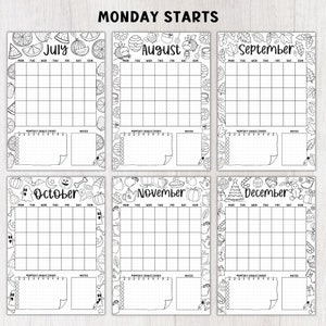 Puede incluir: Un conjunto de seis p&aacute;ginas de planificador mensual imprimibles en blanco y negro. Cada p&aacute;gina presenta una cuadr&iacute;cula de calendario, espacio para objetivos mensuales y notas, y bordes decorativos con temas de temporada. El texto "Monday Starts" est&aacute; en la parte superior. Los meses son julio a diciembre.
