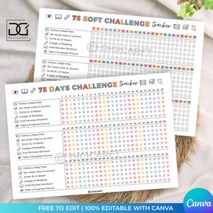 Pode incluir: Dois rastreadores de desafios imprimíveis brancos com grades de pontos coloridos para rastreamento de hábitos. O rastreador superior diz "75 SOFT CHALLENGE tracker" e o inferior "75 DAYS CHALLENGE tracker". Cada rastreador inclui uma lista de tarefas diárias.
