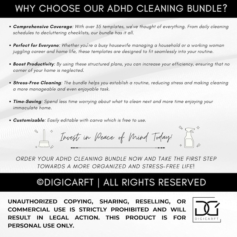 K&ouml;nnte beinhalten: Eine wei&szlig;e Grafik mit dem Text "WHY CHOOSE OUR ADHD CLEANING BUNDLE?" und Aufz&auml;hlungspunkten, die die Funktionen des Bundles beschreiben. Enth&auml;lt den Satz "Investieren Sie noch heute in Seelenfrieden!" und einen Urheberrechtshinweis.