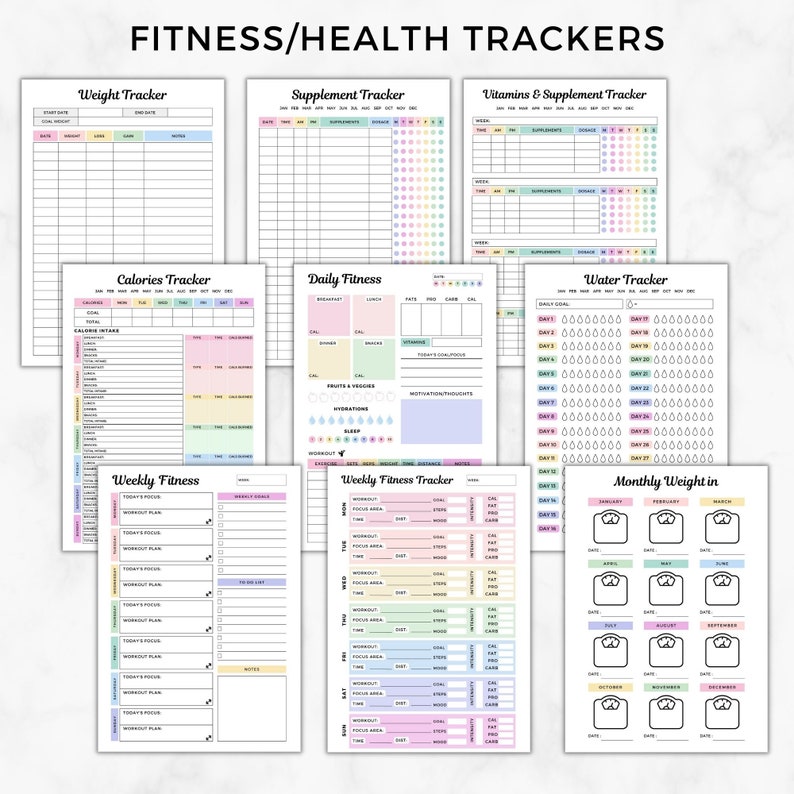 May include: A set of printable fitness and health trackers with colorful pastel backgrounds. The trackers include a weight tracker, supplement tracker, vitamins and supplement tracker, calories tracker, daily fitness tracker, water tracker, weekly fitness tracker, and monthly weight tracker.
