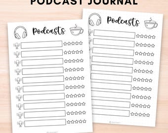 Rastreador de podcasts imprimible, Registro de podcasts favoritos, Planificador de podcasts para escuchar, Kit de páginas de bullet journal, Hojas de diario A5, Rastreador de entretenimiento