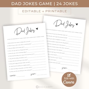 Vader maakt grapjes babyshowerspel met antwoorden, bewerkbare babyshoweractiviteit, babyshower-triviaspel voor ouders, minimalistische spelletjes voor babyshower