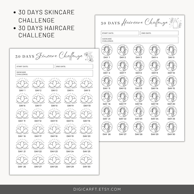 May include: A printable 30-day skincare challenge tracker with a lotus flower design. The tracker has 30 circles with the days of the month labeled.  The text "30 Days Skincare Challenge" is at the top of the page.