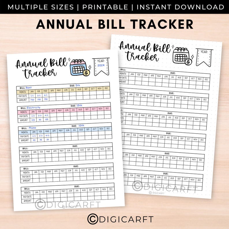 May include: Printable annual bill tracker with a calendar and dollar sign illustration. The tracker includes sections for bill name, month, pay date, amount, and due date. The tracker is designed for 2024.