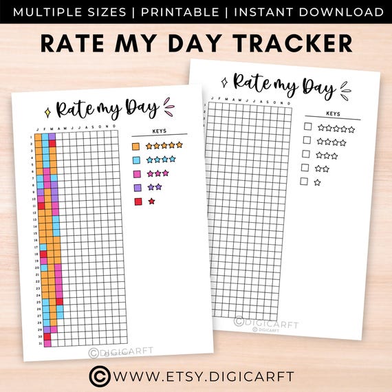 Rate my day tracker journal pages printable,Rate my day planner template Digital,Day rating Bullett journal pixel,Yearly A5 journal insert