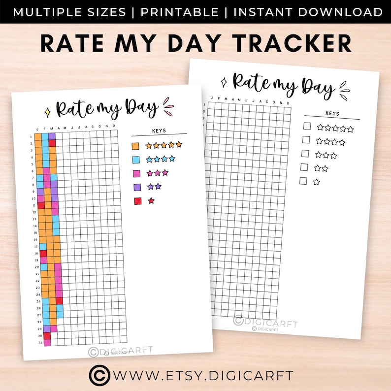 Rate my day tracker journal pages printable,Rate my day planner template Digital,Day rating Bullett journal pixel,Yearly A5 journal insert