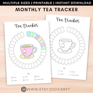 May include: Printable monthly tea tracker with a colorful key and a teacup illustration. The tracker is a circle with 30 sections to track daily tea consumption.  The key indicates the number of cups of tea consumed per day.