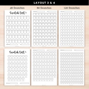 Pu&ograve; includere: Tre fogli di prova di campioni stampabili con diversi layout. Il primo foglio ha 48 campioni in forma rettangolare, il secondo foglio ha 80 campioni in forma rettangolare e il terzo foglio ha 120 campioni in forma rettangolare. Ogni foglio ha spazio per un nome di marca, un numero di serie e il testo "Swatch Test".