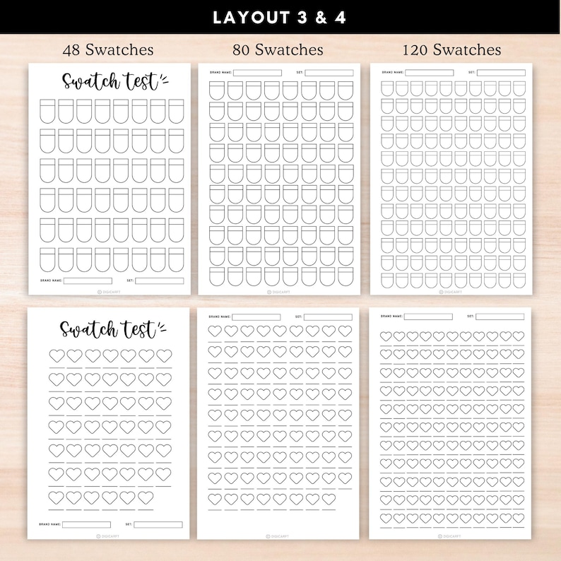 Pu&ograve; includere: Tre fogli di prova di campioni stampabili con diversi layout. Il primo foglio ha 48 campioni in forma rettangolare, il secondo foglio ha 80 campioni in forma rettangolare e il terzo foglio ha 120 campioni in forma rettangolare. Ogni foglio ha spazio per un nome di marca, un numero di serie e il testo "Swatch Test".
