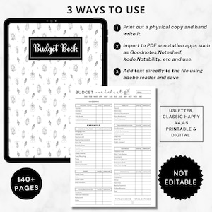 K&ouml;nnte beinhalten: Ein digitales Budgetbuch mit schwarzem Einband mit dem wei&szlig;en Schriftzug "Budget Book". Das Buch befindet sich auf einem Tablet neben einem Budget-Arbeitsblatt. Das Arbeitsblatt ist mit "Budget Worksheet" beschriftet und enth&auml;lt Abschnitte f&uuml;r Einnahmen, Ausgaben und Ersparnisse. Das Bild enth&auml;lt auch den Text "3 Ways to Use".