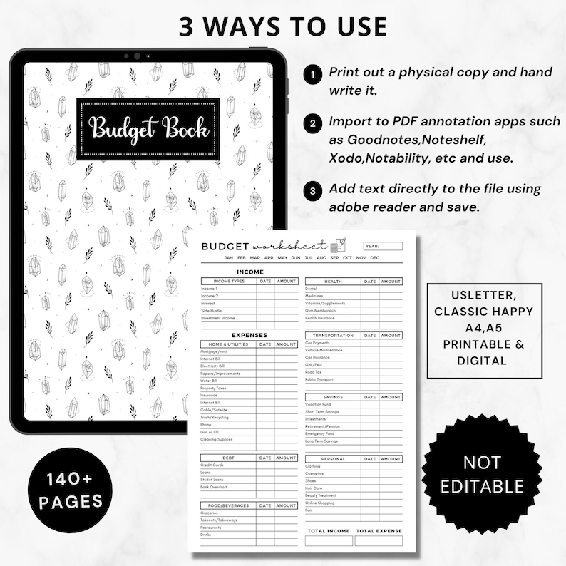 K&ouml;nnte beinhalten: Ein digitales Budgetbuch mit schwarzem Einband mit dem wei&szlig;en Schriftzug "Budget Book". Das Buch befindet sich auf einem Tablet neben einem Budget-Arbeitsblatt. Das Arbeitsblatt ist mit "Budget Worksheet" beschriftet und enth&auml;lt Abschnitte f&uuml;r Einnahmen, Ausgaben und Ersparnisse. Das Bild enth&auml;lt auch den Text "3 Ways to Use".