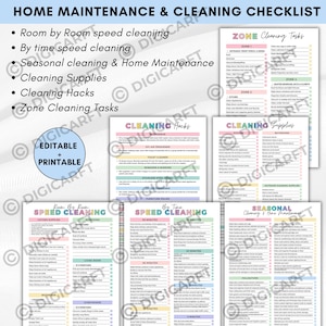 K&ouml;nnte beinhalten: Eine farbenfrohe Checkliste f&uuml;r die Hauswartung und Reinigung mit &Uuml;berschriften wie "Raum f&uuml;r Raum Schnellreinigung", "Reinigungs-Hacks" und "Zonenreinigungsaufgaben". Die Checkliste ist editierbar und druckbar.
