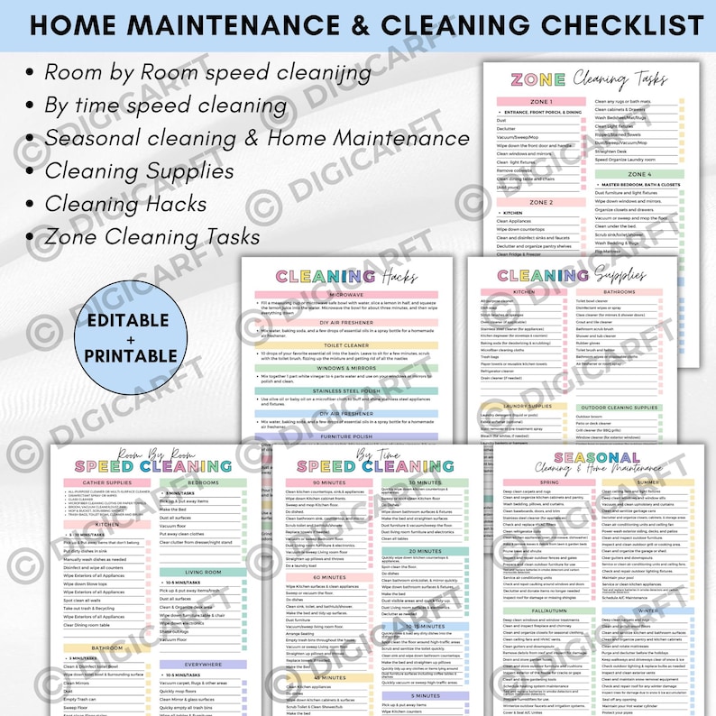 K&ouml;nnte beinhalten: Eine farbenfrohe Checkliste f&uuml;r die Hauswartung und Reinigung mit &Uuml;berschriften wie "Raum f&uuml;r Raum Schnellreinigung", "Reinigungs-Hacks" und "Zonenreinigungsaufgaben". Die Checkliste ist editierbar und druckbar.