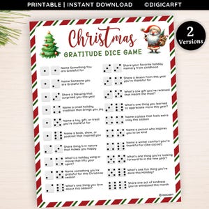 May include: Printable Christmas gratitude dice game with a festive design. The game features a red and green border, a Christmas tree, and Santa Claus. Includes prompts for sharing holiday memories and gratitude.
