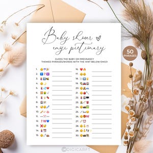 Baby Shower Emoji Game printable,Baby Shower Emoji Pictionary game with answer keys,Baby Phrases Emoji Game,Emoji games for Baby shower PDF