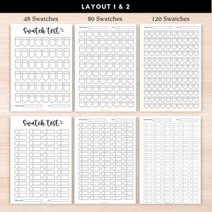 Pu&ograve; includere: Tre fogli stampabili con diversi layout per il test degli swatches. Ogni foglio ha il titolo "Swatch test" e include una sezione per il nome del marchio e il numero del set. Il primo foglio ha 48 swatches a forma di tasca, il secondo foglio ha 80 swatches a forma di tasca e il terzo foglio ha 120 swatches a forma di rettangolo arrotondato.