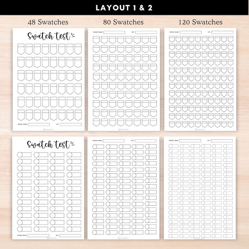 Pu&ograve; includere: Tre fogli stampabili con diversi layout per il test degli swatches. Ogni foglio ha il titolo "Swatch test" e include una sezione per il nome del marchio e il numero del set. Il primo foglio ha 48 swatches a forma di tasca, il secondo foglio ha 80 swatches a forma di tasca e il terzo foglio ha 120 swatches a forma di rettangolo arrotondato.