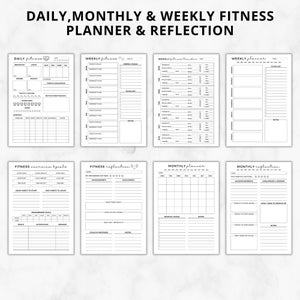 Może przedstawiać: Drukowany planer fitness i dziennik refleksji z sekcjami do planowania codziennego, tygodniowego i miesięcznego. Planer zawiera sekcje do śledzenia trening&oacute;w, posiłk&oacute;w, snu i cel&oacute;w. Dziennik refleksji zawiera sekcje do refleksji nad postępami, wyzwaniami i kolejnymi krokami.
