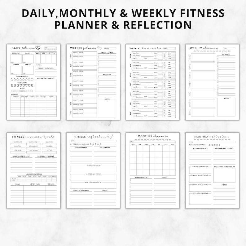 Może przedstawiać: Drukowany planer fitness i dziennik refleksji z sekcjami do planowania codziennego, tygodniowego i miesięcznego. Planer zawiera sekcje do śledzenia trening&oacute;w, posiłk&oacute;w, snu i cel&oacute;w. Dziennik refleksji zawiera sekcje do refleksji nad postępami, wyzwaniami i kolejnymi krokami.