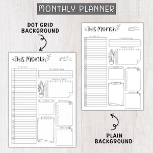 May include: Two printable monthly planner templates. The first template has a dot grid background and the second template has a plain background. Both templates feature sections for tasks, top priorities, monthly goals, events, don't forget, notes, and memories.