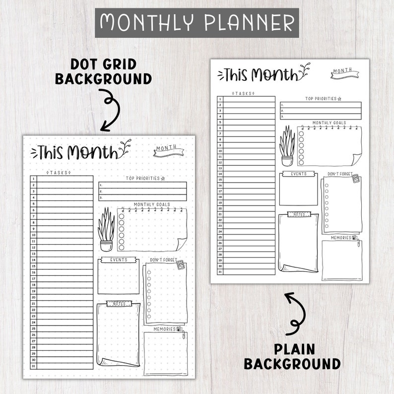 May include: Two printable monthly planner templates. The first template has a dot grid background and the second template has a plain background. Both templates feature sections for tasks, top priorities, monthly goals, events, don't forget, notes, and memories.