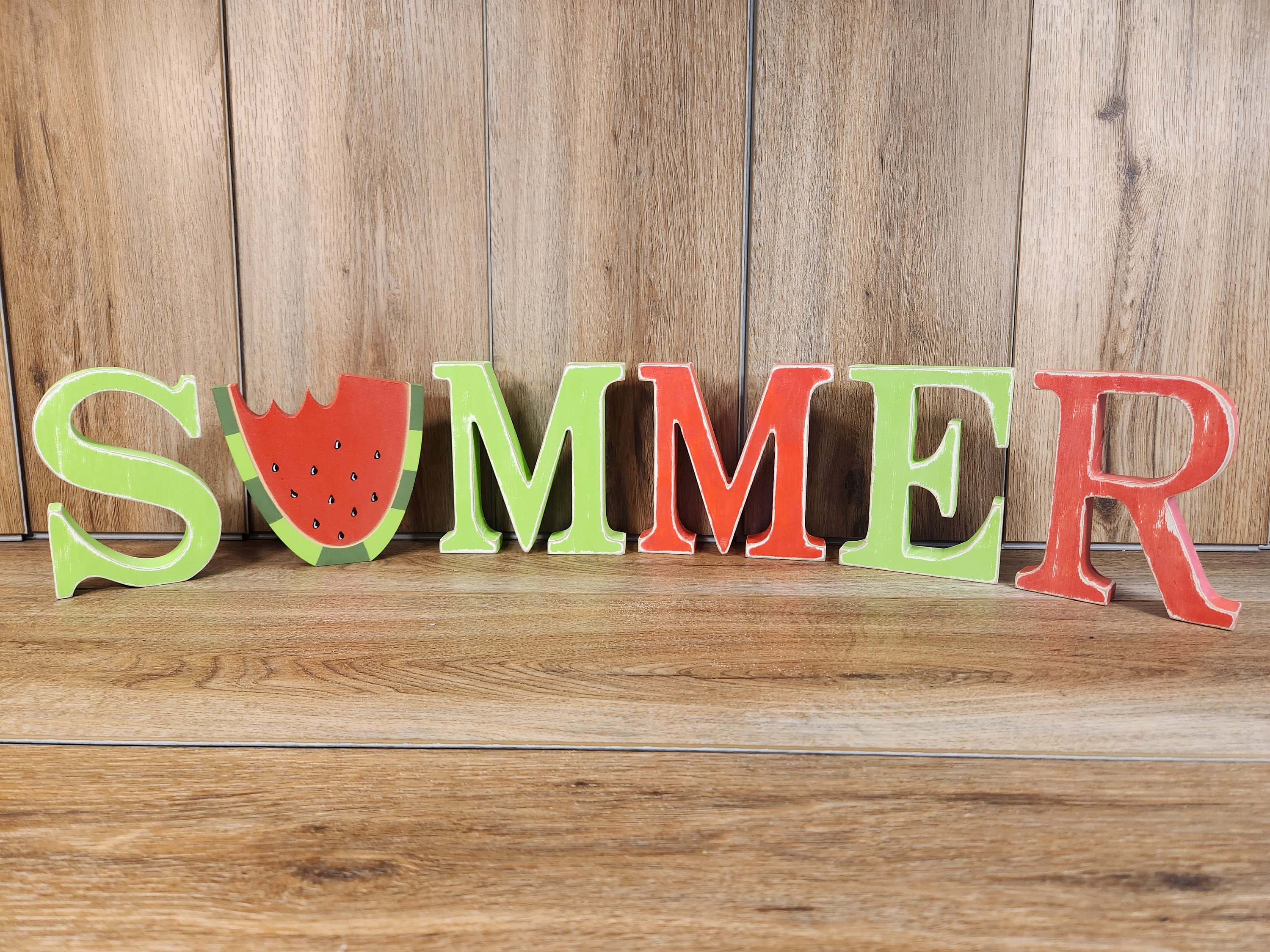 SUMMER Distressed Wood Letters with a slice of Watermelon Summer decor for a Window Sill Mantel or Table Centerpiece for a