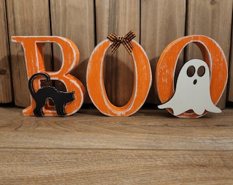 BOO! Halloween BOO Sign made from wood distressed letters with black cat and ghost or plain orange for festive  Halloween and Fall Decor