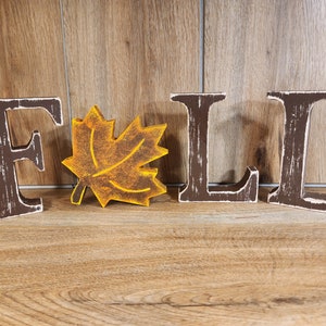 FALL! Distressed wood letters for seasonal fall decor with autumn leaf. Great for Thanksgiving table centerpiece, mantel or bookshelf
