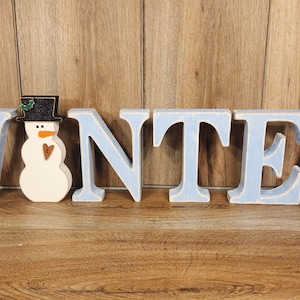 Rustic Wood WINTER Letters with Snowman: Holiday Mantel Decor