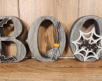 BOO! Fun and festive wood letter display for Halloween and fall decor, party decoration, tiered tray, table centerpiece and seasonal gift