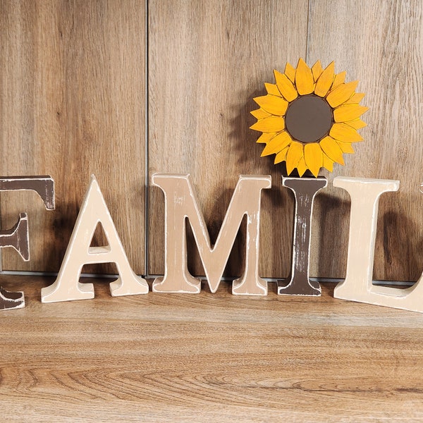 FAMILY! Free standing distressed wood letters, sunflower and I love YOU/US blocks for indoor home decor.