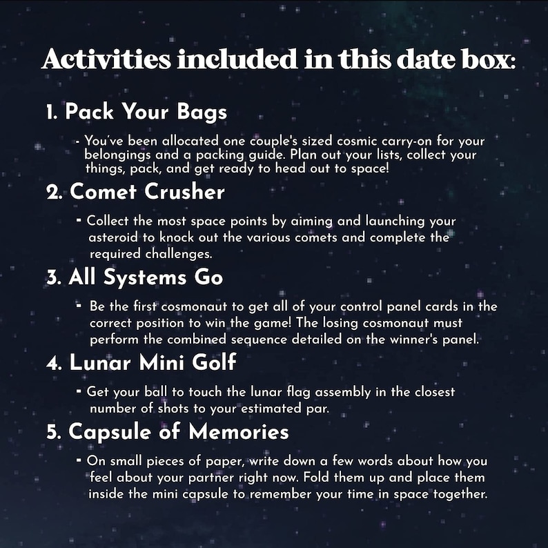 Space-Themed Date Night Box Destination: Space Challenge, Valentines Day, Bridal Shower Anniversary Present, Adventure Game for Couples image 3