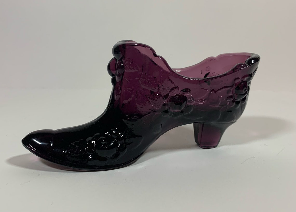 Fenton Purple Glass shoe with Embossed cabbage rose design