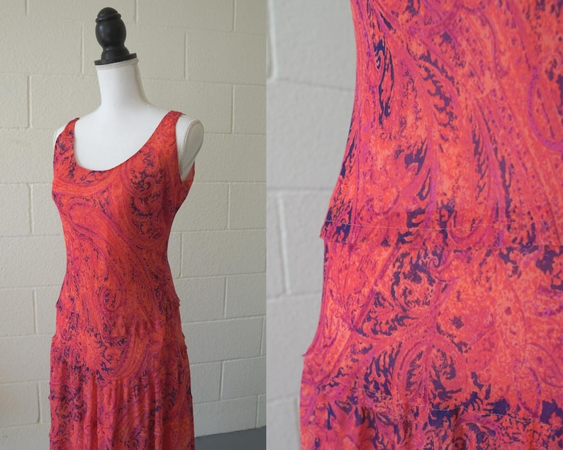 Pink Paisley Dress Vintage Boho Shift Dress Size 8 image 1