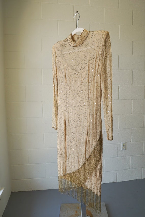 Vintage Neiman Marcus Gold Pure Silk Fringe Flapper Beaded Dress