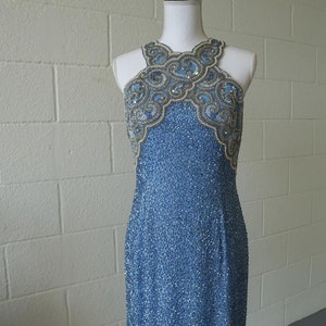 80s Vintage Formal Dress Black Tie Oleg Cassini Dress Fully Beaded Blue Beaded Dress Size 6 image 3