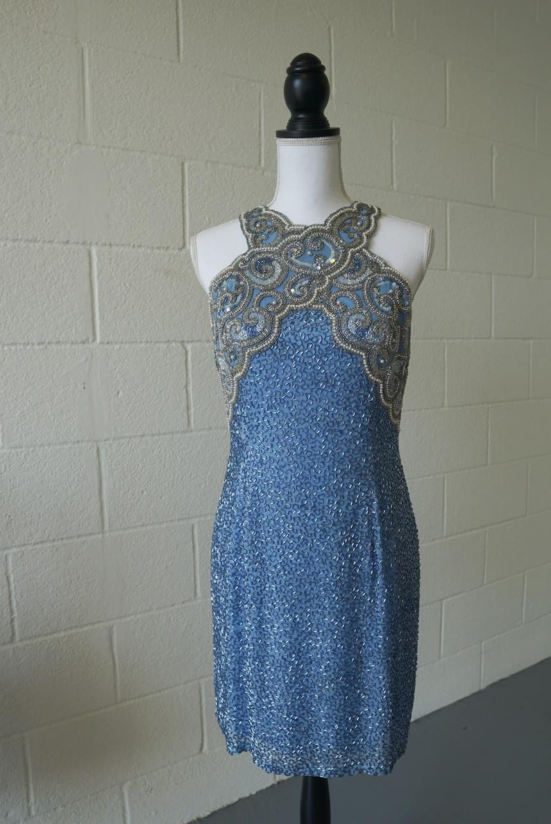 80s Vintage Formal Dress Black Tie Oleg Cassini Dress Fully Beaded Blue Beaded Dress Size 6 image 3