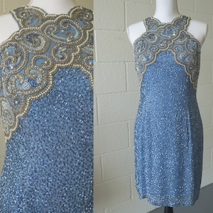 80s Vintage Formal Dress | Black Tie Oleg Cassini Dress | Fully Beaded | Blue Beaded Dress | Size 6