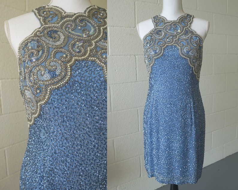 80s Vintage Formal Dress Black Tie Oleg Cassini Dress Fully Beaded Blue Beaded Dress Size 6 image 1