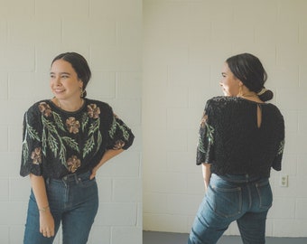 Vintage Silk Beaded Black Evening Blouse | Laurence Kazar New York Top| Floral Design | Size 2X