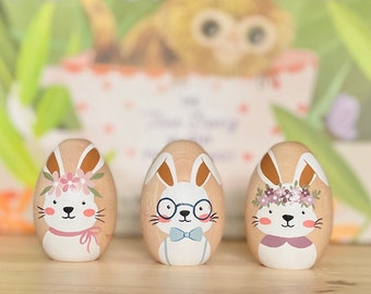 Bunny Wooden Eggs With Flowers Set of 3 | Hand Painted Wooden Eggs