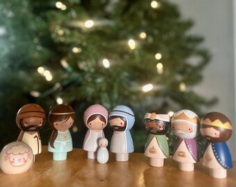 Wooden Christmas Nativity Set Kokeshi Style | Christmas Decoration | Hand Painted Wooden Peg Dolls