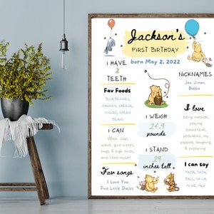 Fully Editable Milestone Board Template | Winnie the Pooh | Classic Pooh First Birthday Board | 1st Bday Party Decor | 8x10 | 20x30