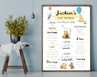 Winnie the Pooh First Birthday Milestone Board Template (Digital Download)